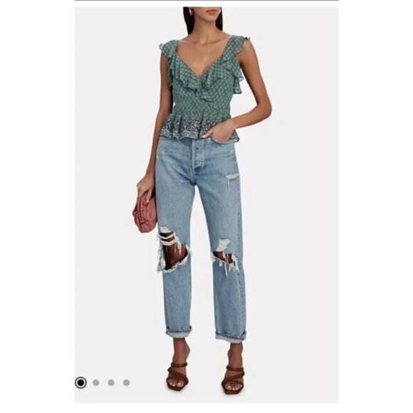 Veronica Beard Women’s Randa Silk Top Seaglass Multi Peplum Ruffle Floral Size 6 - Picture 9 of 10